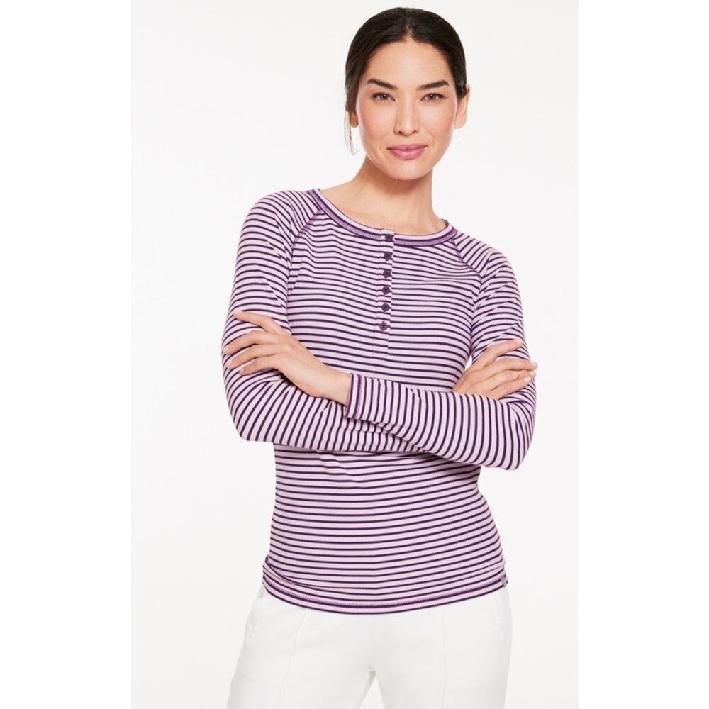 T by Talbots Ribbed Henley Tee Women's XL Wimbledon Stripe Purple Soft Stretch